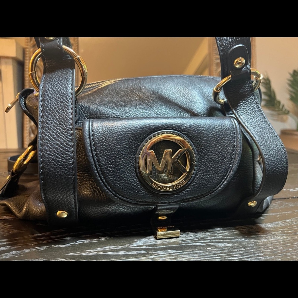 Michael Kors Black Leather Shoulder Bag with Gold Accents